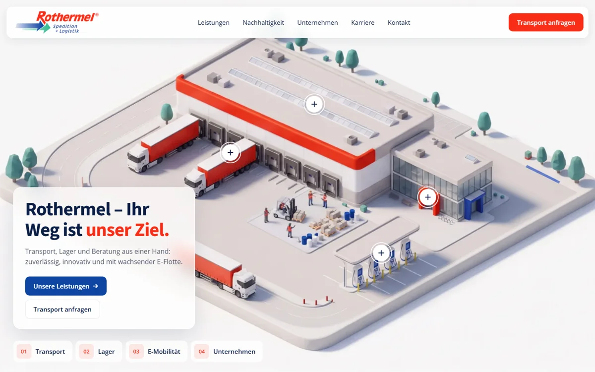 Vorschau: 3D-Logistikzentrum von Rothermel mit Glas-Panel und Hotspots